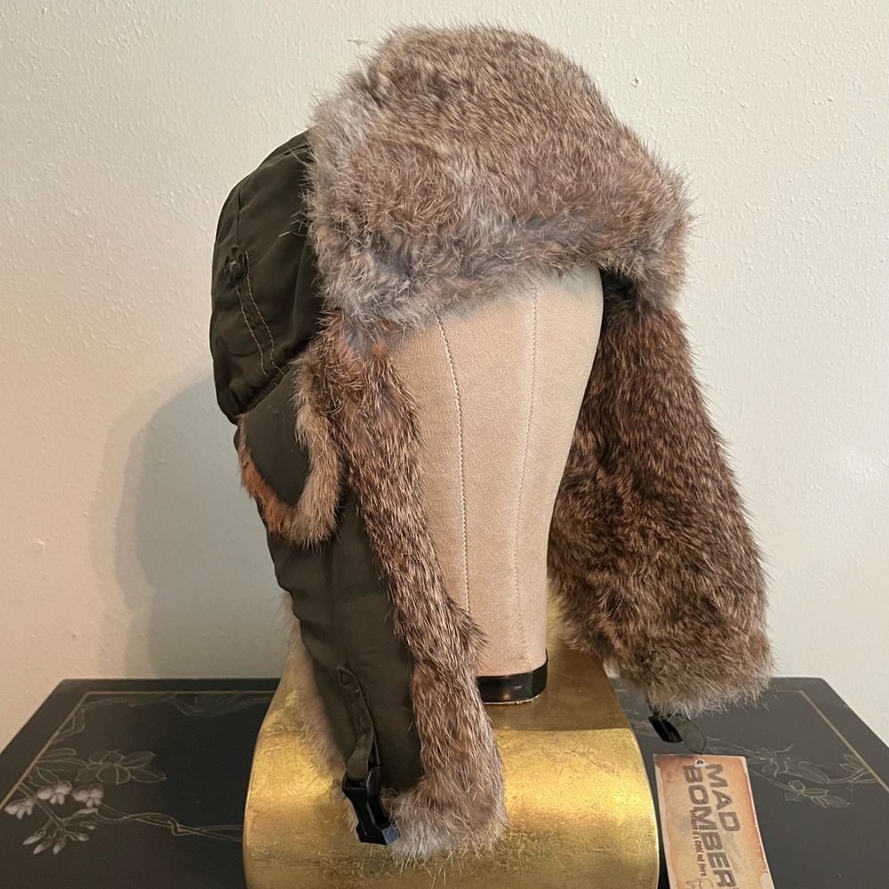 Mad Bomber Trapper Hat - Olive w Rabbit Fur NWT